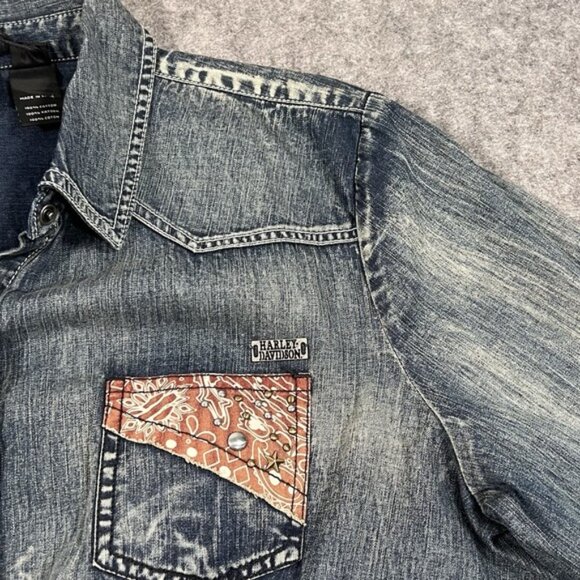 NWT Harley-Davidson Women's Lighweigt Denim Roll-Tab Sleeve Shirt Embroidered XL - Picture 4 of 7